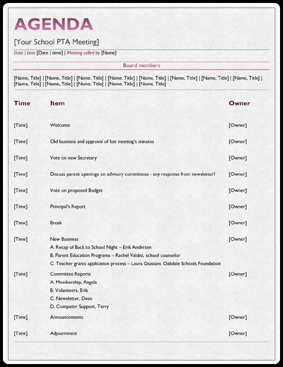 PTA Meeting Agenda