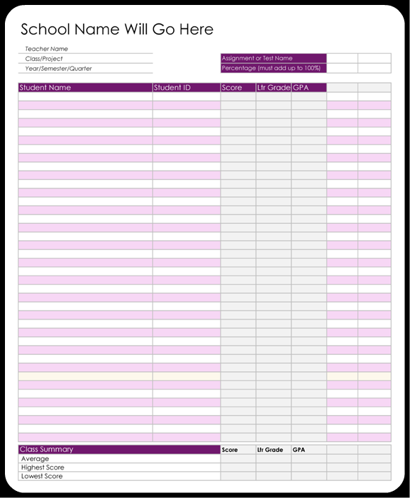 Printable Grade Book Template